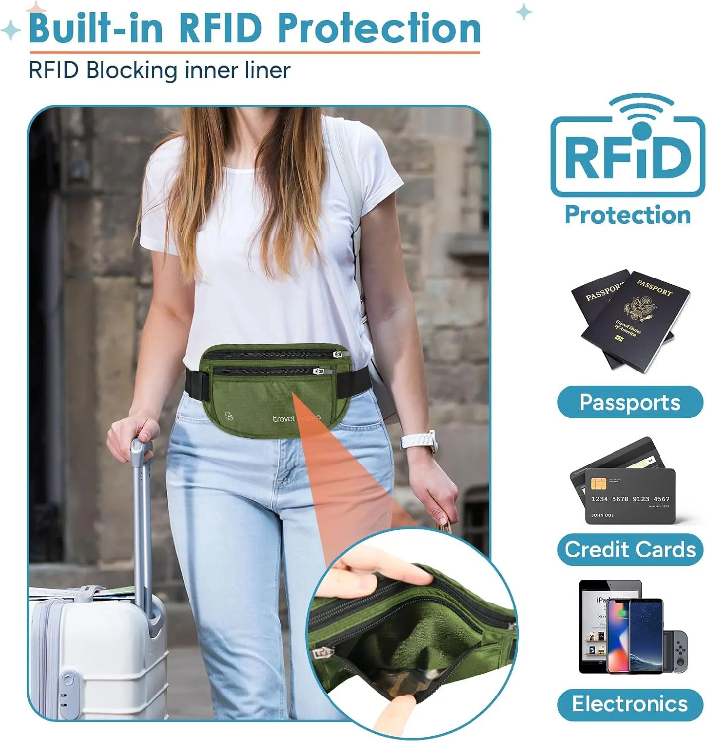 travel inspira Travel Money Belt with Slim Anti-Theft RFID Blocking Passport Holder for Travel Concealed under Clothes for Ultimate Protection of Credit Cards, Cash, Passport & Documents, Green