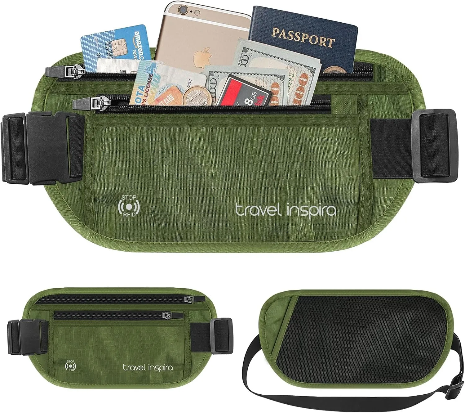 travel inspira Travel Money Belt with Slim Anti-Theft RFID Blocking Passport Holder for Travel Concealed under Clothes for Ultimate Protection of Credit Cards, Cash, Passport & Documents, Green