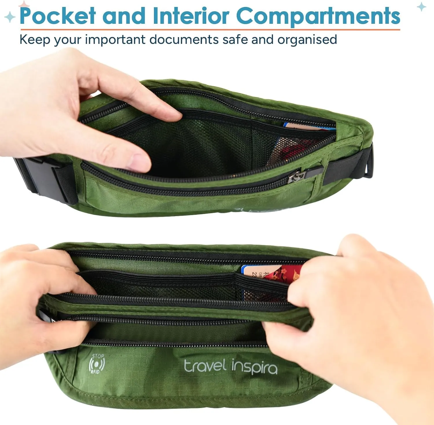 travel inspira Travel Money Belt with Slim Anti-Theft RFID Blocking Passport Holder for Travel Concealed under Clothes for Ultimate Protection of Credit Cards, Cash, Passport & Documents, Green