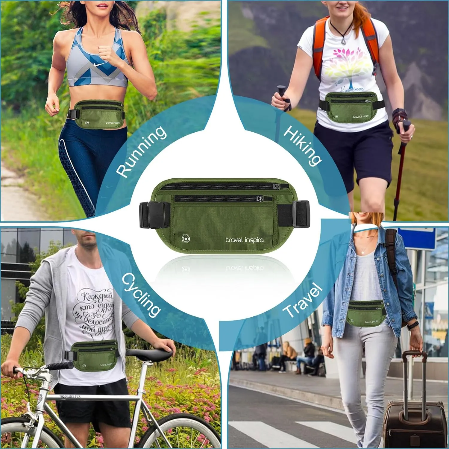 travel inspira Travel Money Belt with Slim Anti-Theft RFID Blocking Passport Holder for Travel Concealed under Clothes for Ultimate Protection of Credit Cards, Cash, Passport & Documents, Green