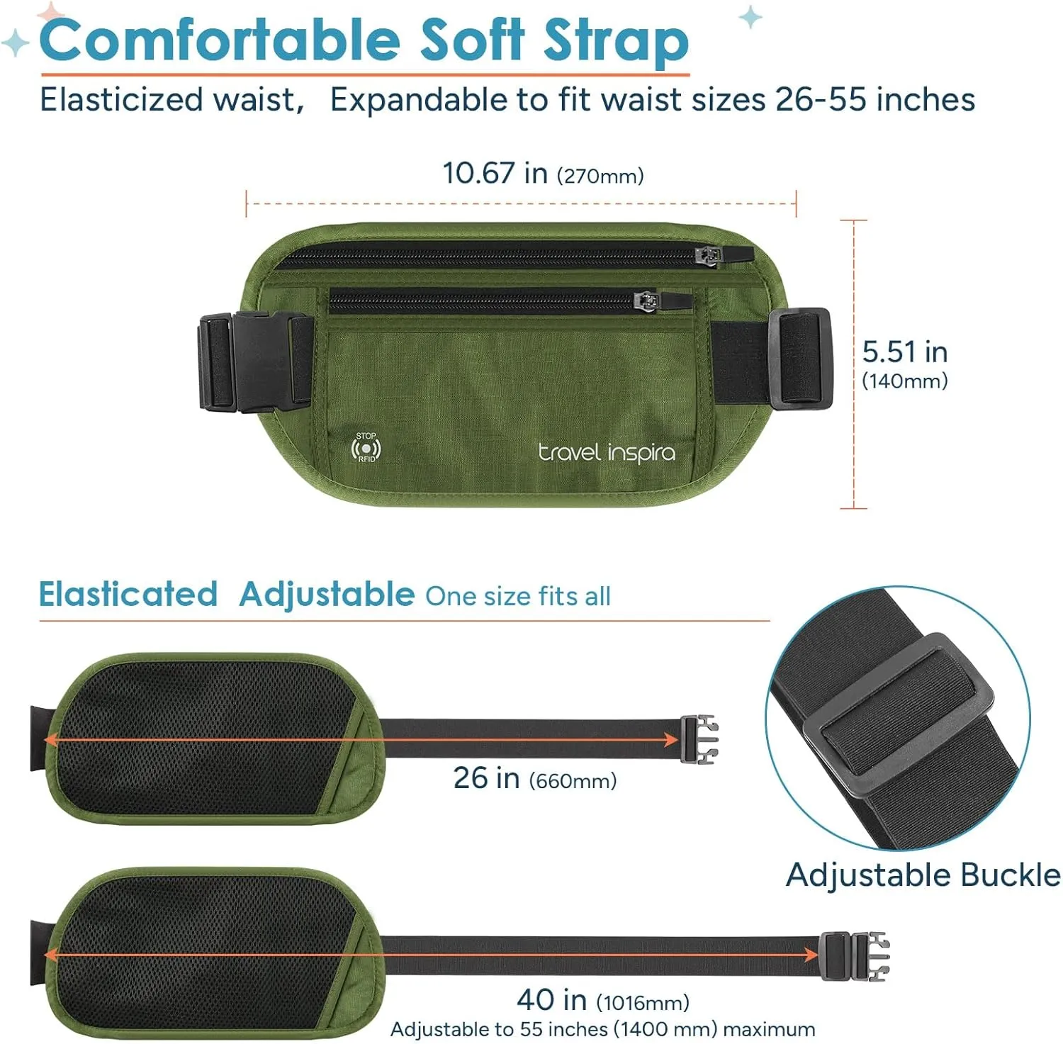 travel inspira Travel Money Belt with Slim Anti-Theft RFID Blocking Passport Holder for Travel Concealed under Clothes for Ultimate Protection of Credit Cards, Cash, Passport & Documents, Green