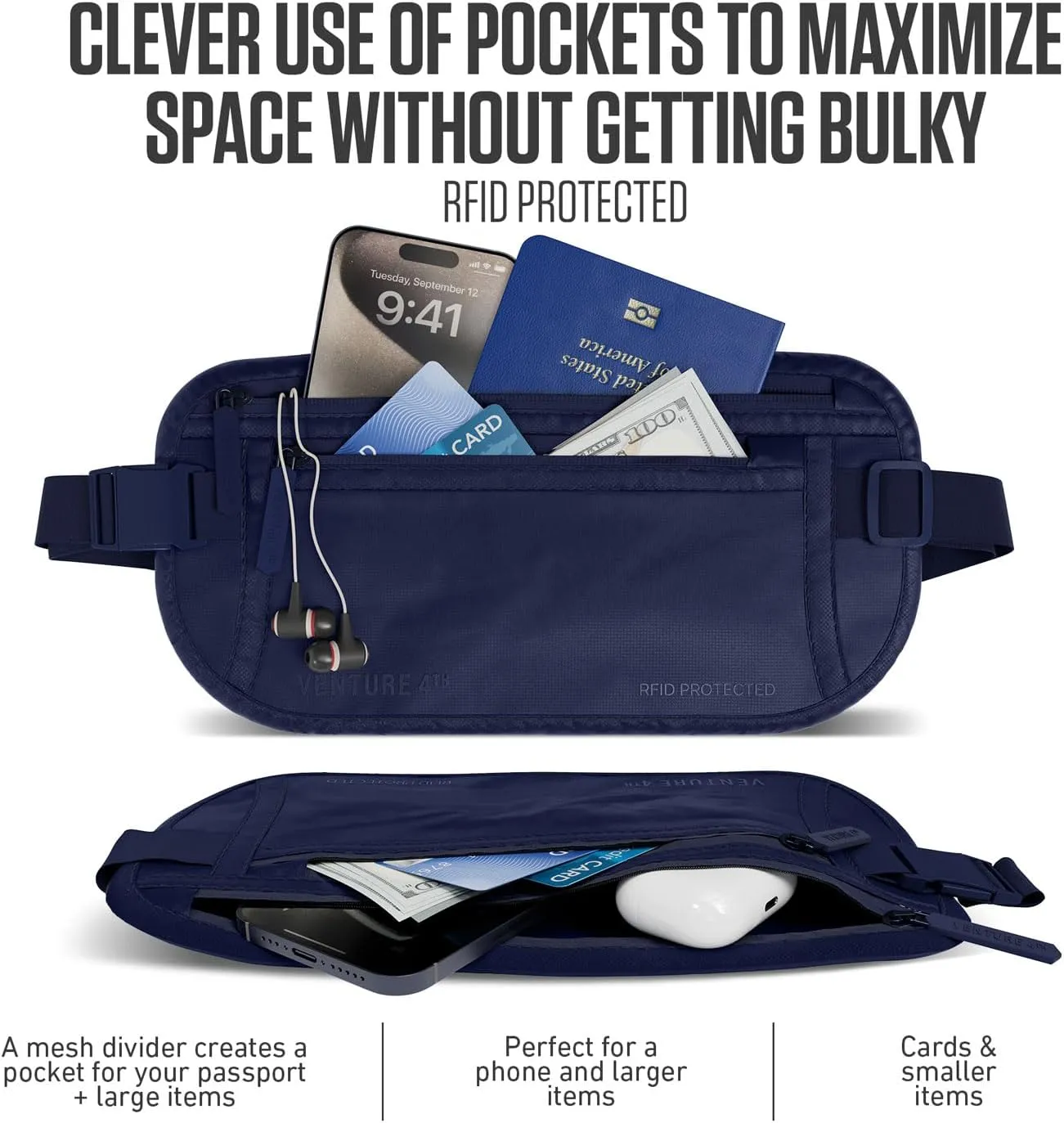 Travel Money Belt, RFID Blocking for Men & Women - Ideal for Keeping Your Cash, Credit Card, Passport, Phone Safe When Traveling (Sleek Navy Blue)