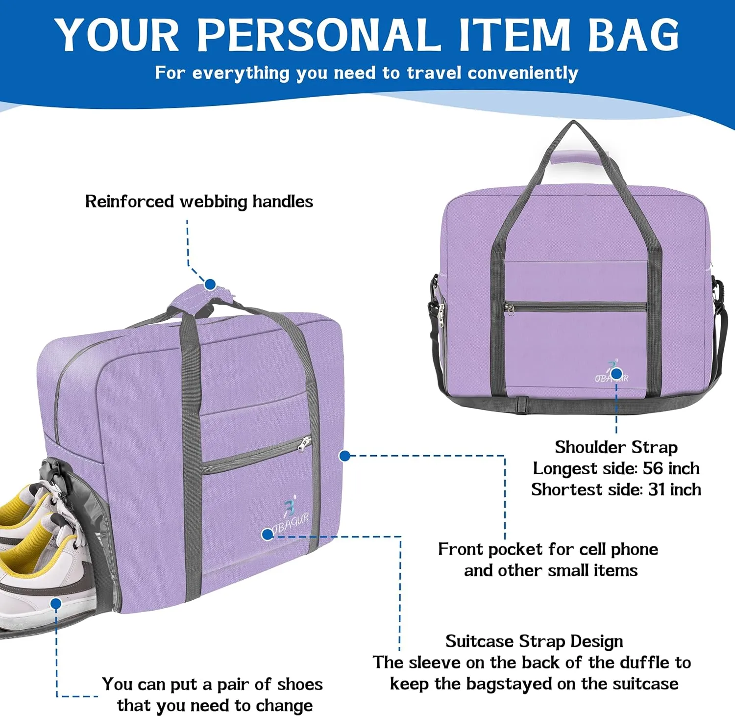 Travel Tote Bag Foldable Travel Duffel Bag For Spirit Airlines Personal Item Bag Weekender Bags for Men Women with Shoe Compartment Carry on Overnight Bag (Light Purple,20L)
