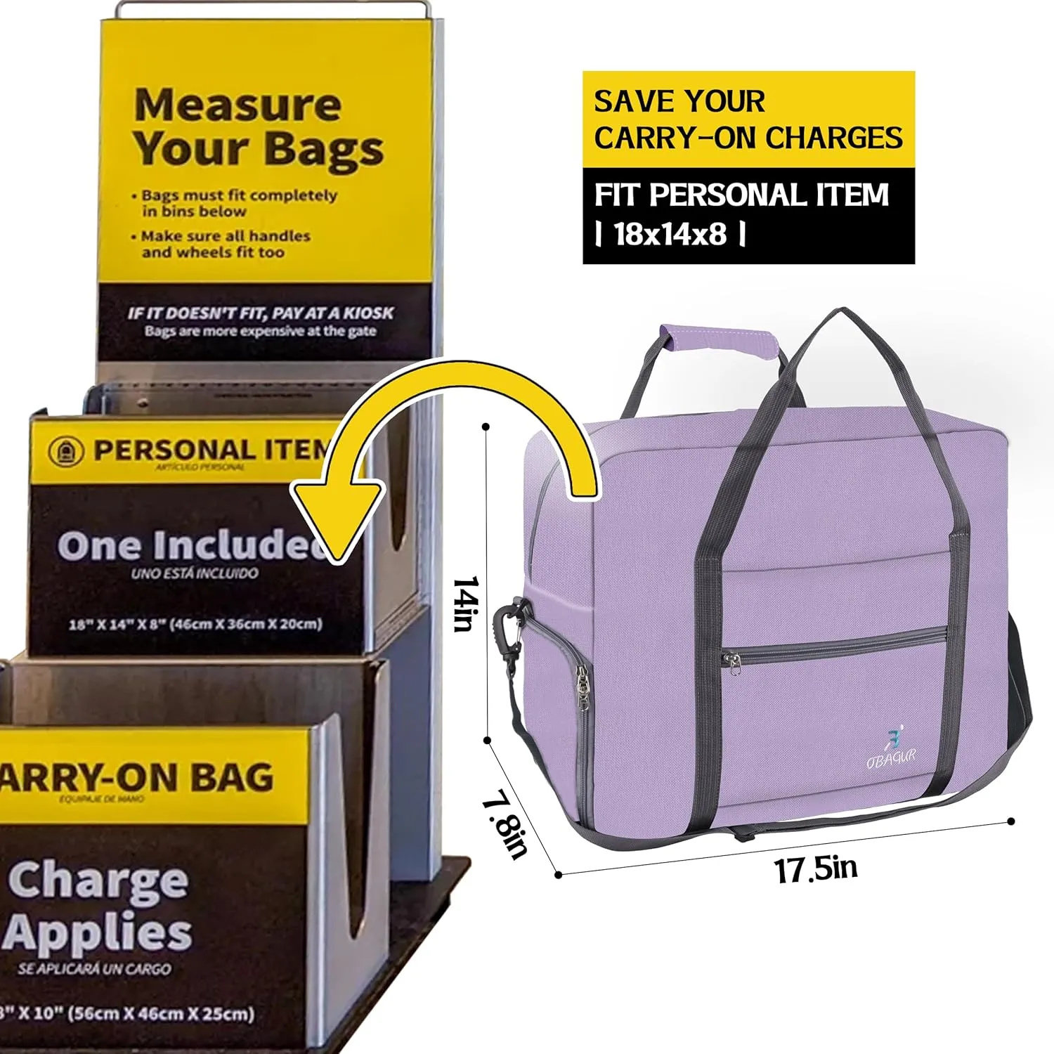 Travel Tote Bag Foldable Travel Duffel Bag For Spirit Airlines Personal Item Bag Weekender Bags for Men Women with Shoe Compartment Carry on Overnight Bag (Light Purple,20L)