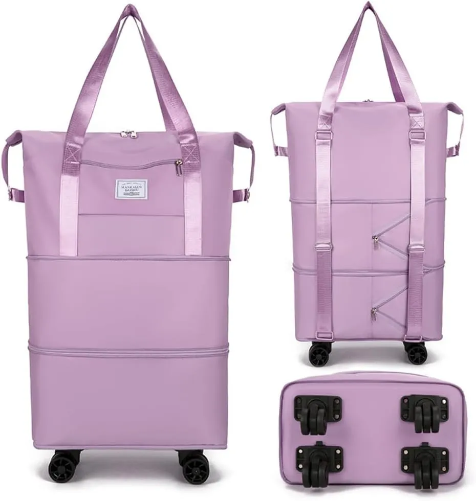 Travel Tote Bags with Trolley Sleeve Expandable Extra Waterproof Oxford Duffel Bag with Wheels Lightweight Traveling Foldable Suitcase (Light Purple)