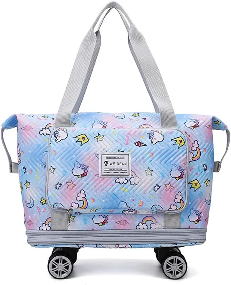 Travel Tote Bags with Trolley Sleeve Expandable Extra Waterproof Rainbow Oxford Duffel Bag with Wheels
