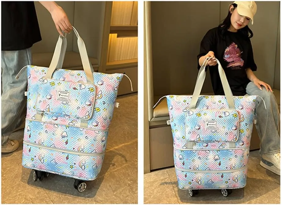 Travel Tote Bags with Trolley Sleeve Expandable Extra Waterproof Rainbow Oxford Duffel Bag with Wheels