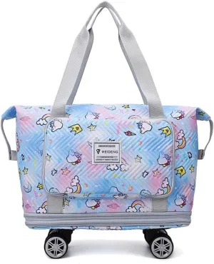 Travel Tote Bags with Trolley Sleeve Expandable Extra Waterproof Rainbow Oxford Duffel Bag with Wheels