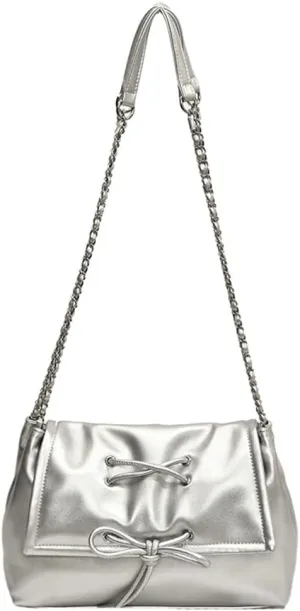Trendy Shoulder Bag with Bow Knot Small Drawstring Cross Body Bag with Metal Chain Strap Versatile Casual Underarm Bags