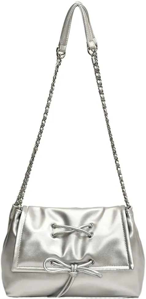 Trendy Shoulder Bag with Bow Knot Small Drawstring Cross Body Bag with Metal Chain Strap Versatile Casual Underarm Bags