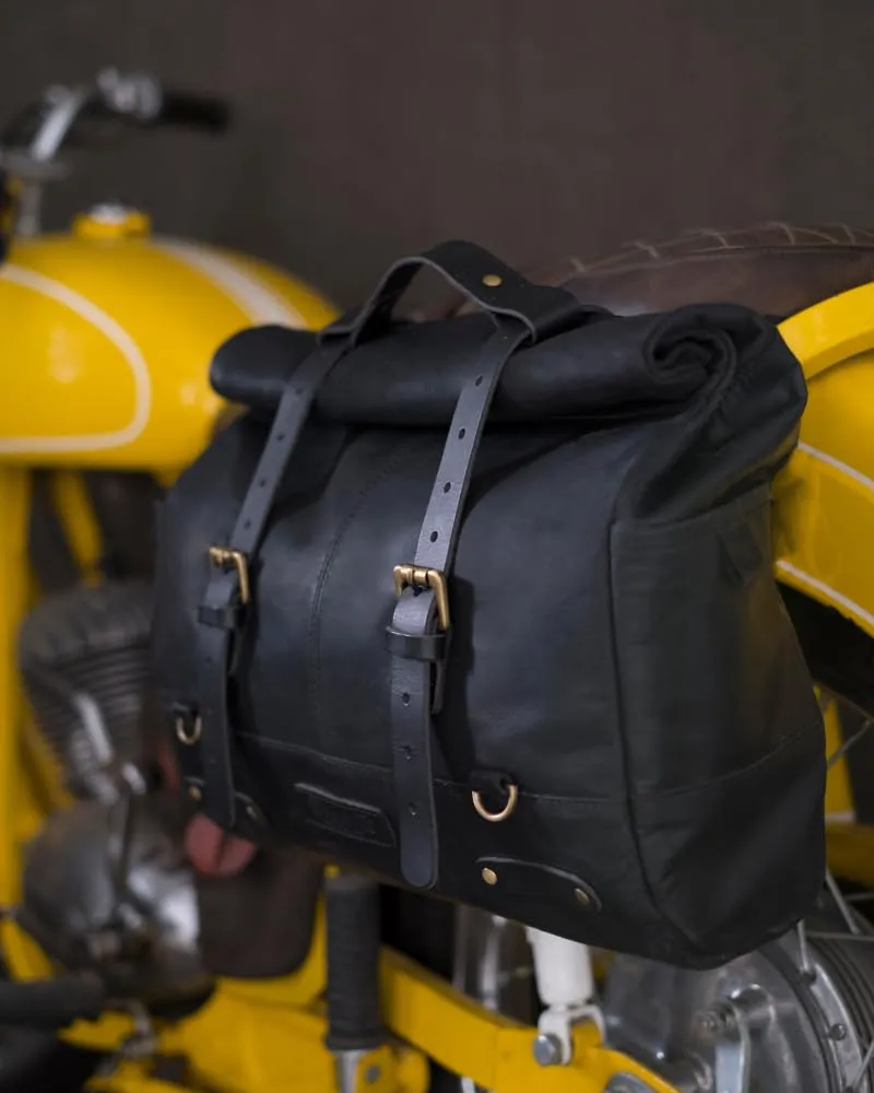 Trip Machine Company Motorcycle Genuine Leather Outlaw Saddlebag Bag with Mounting Strap and Rain Cover (Black, 17 L)