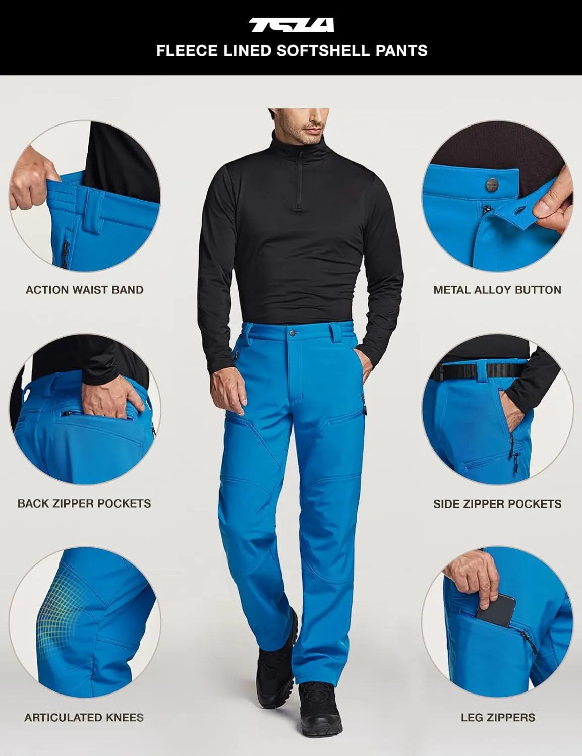 TSLA Men's Snow Ski Snowboard Waterproof Softshell Cargo Pants, Hiking Fleece Lined Bottoms, Outdoor Work Pants