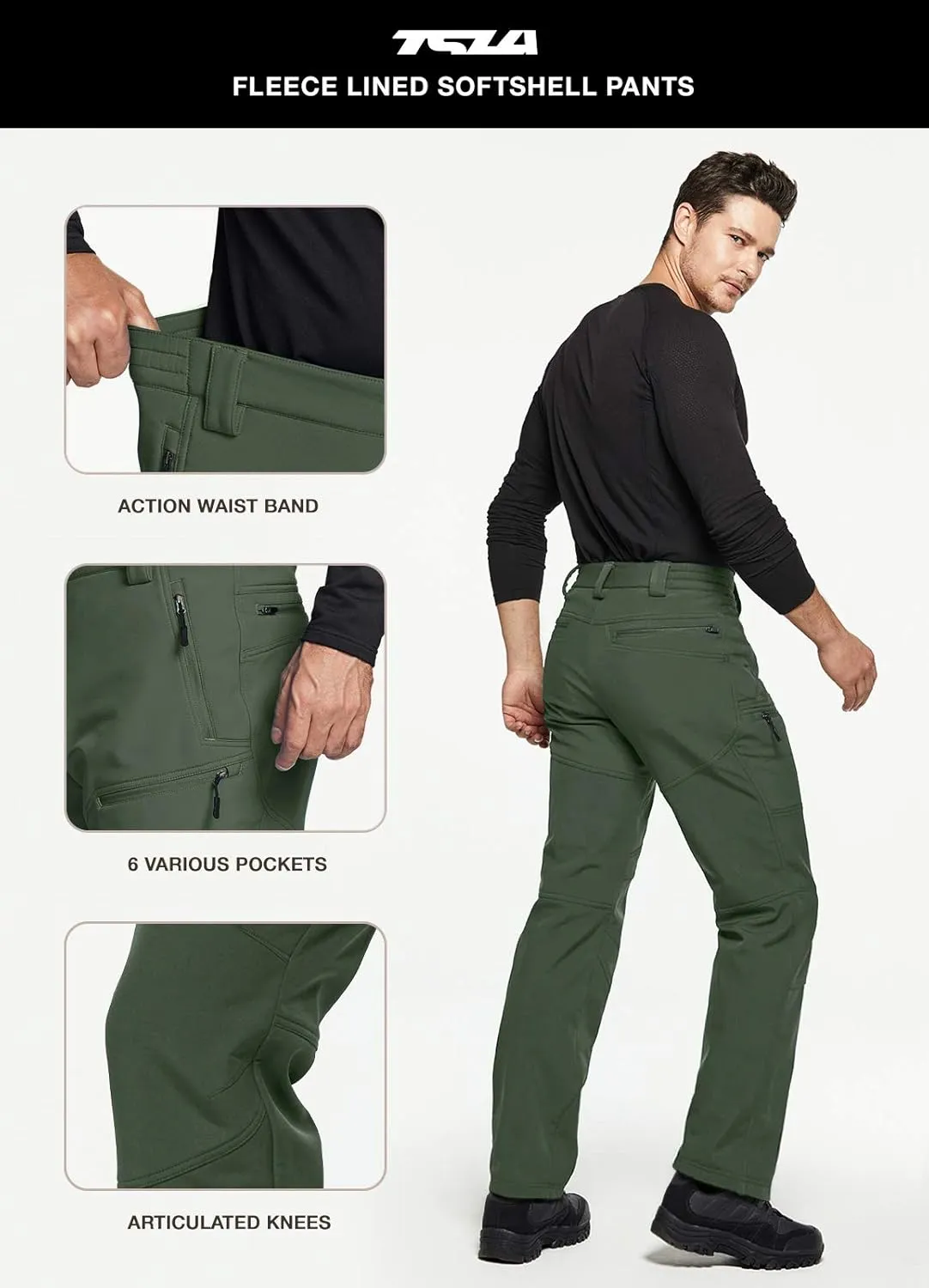 TSLA Men's Snow Ski Snowboard Waterproof Softshell Cargo Pants, Hiking Fleece Lined Bottoms, Outdoor Work Pants