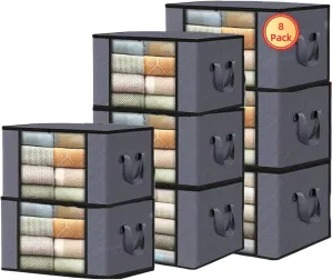 TTIO Clothes Storage Bags 8 Pack Storage Bins Foldable Blanket Storage Bags Storage Containers for Organizing Bedroom Closet Clothing Pillows and Toys with Lids and Reinforced Handle(Grey)