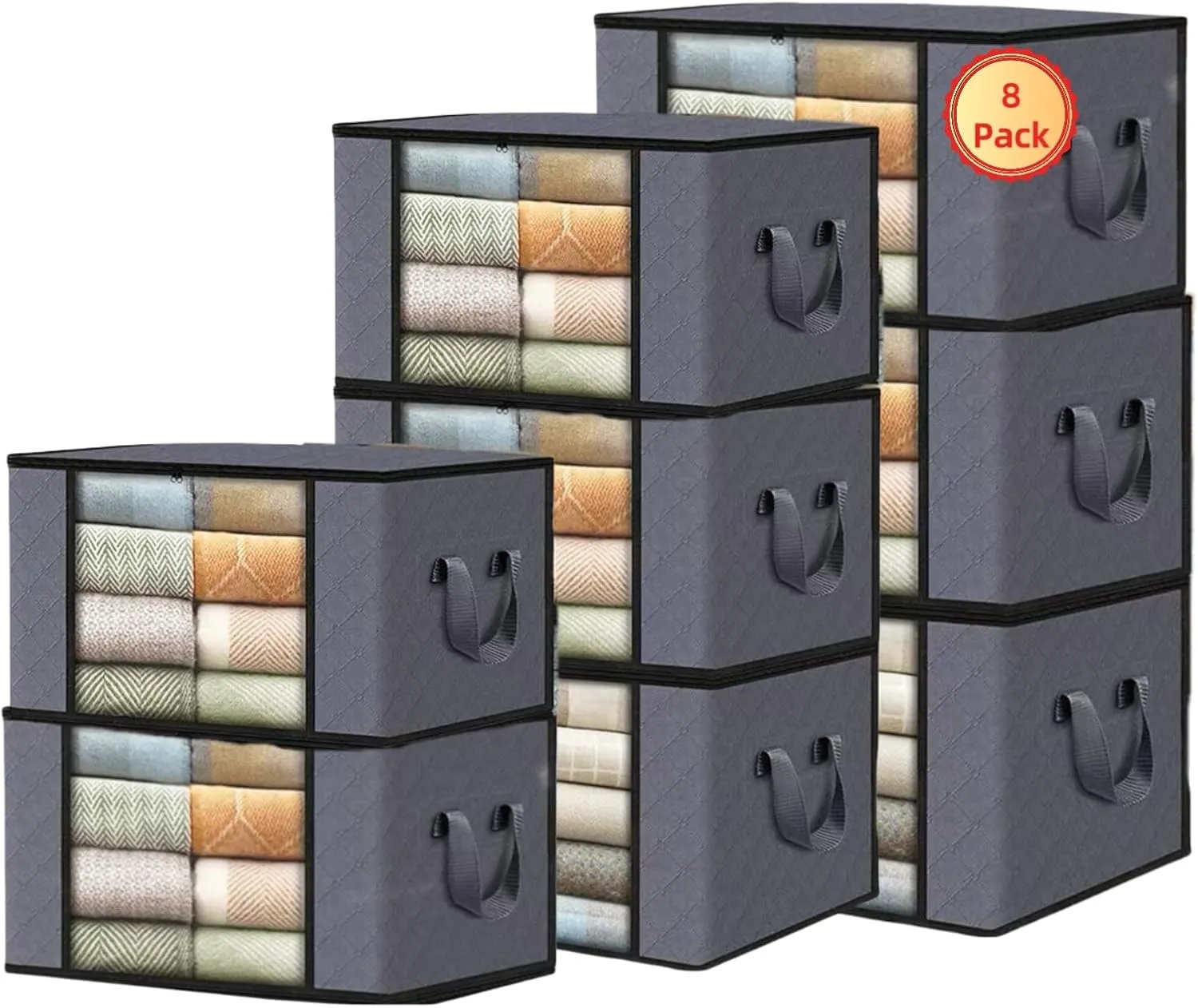 TTIO Clothes Storage Bags 8 Pack Storage Bins Foldable Blanket Storage Bags Storage Containers for Organizing Bedroom Closet Clothing Pillows and Toys with Lids and Reinforced Handle(Grey)