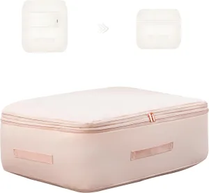 Ultra Space Saving Self Compression Organizer, Comforter Storage Bag for Clothes, Blankets, Pillows, Duvet, Comforters, Bedding Sets and Much More (Pink,L - 54 * 42 * 30cm)