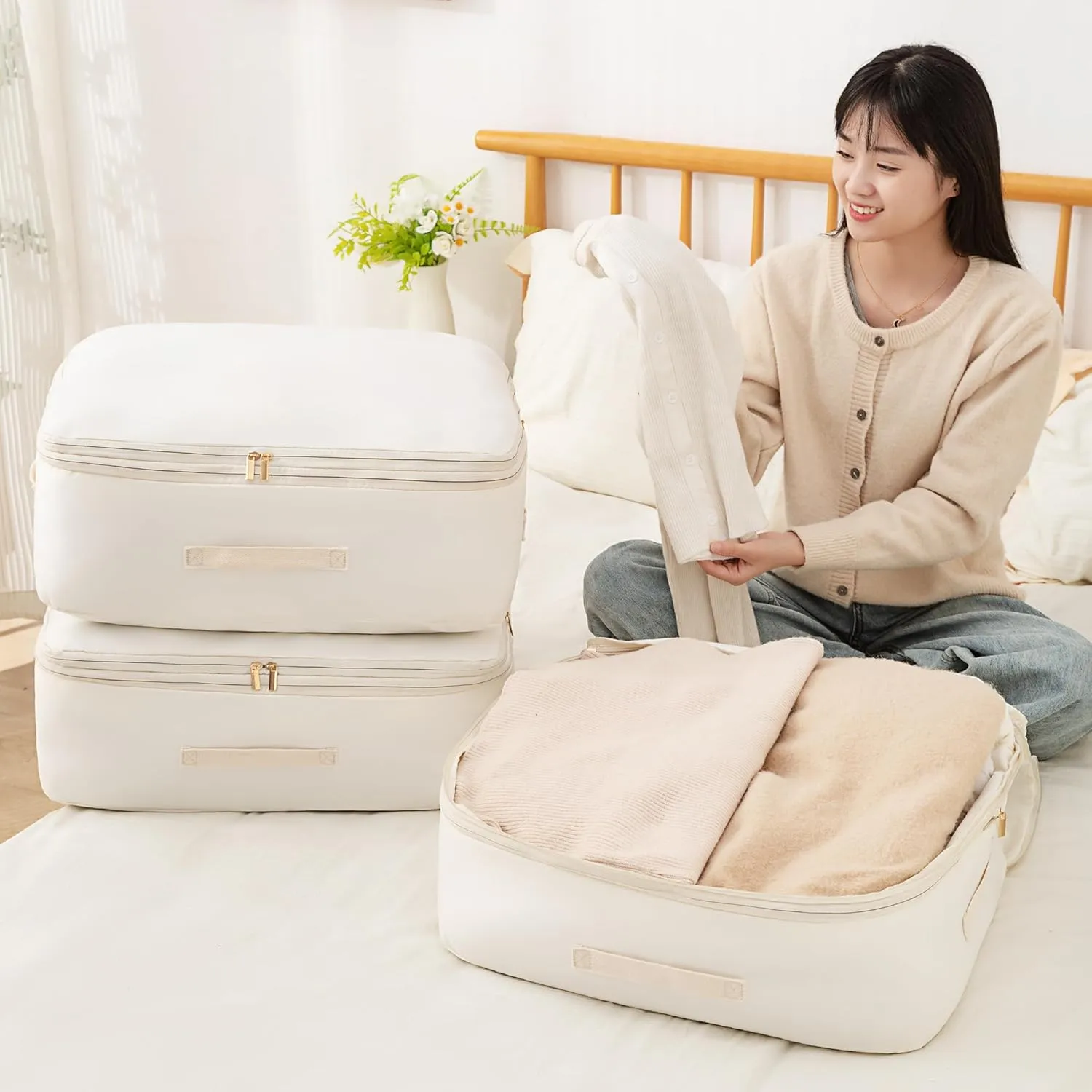 Ultra Space Saving Self Compression Organizer, Comforter Storage Bag for Clothes, Blankets, Pillows, Duvet, Comforters, Bedding Sets and Much More (Pink,L - 54 * 42 * 30cm)