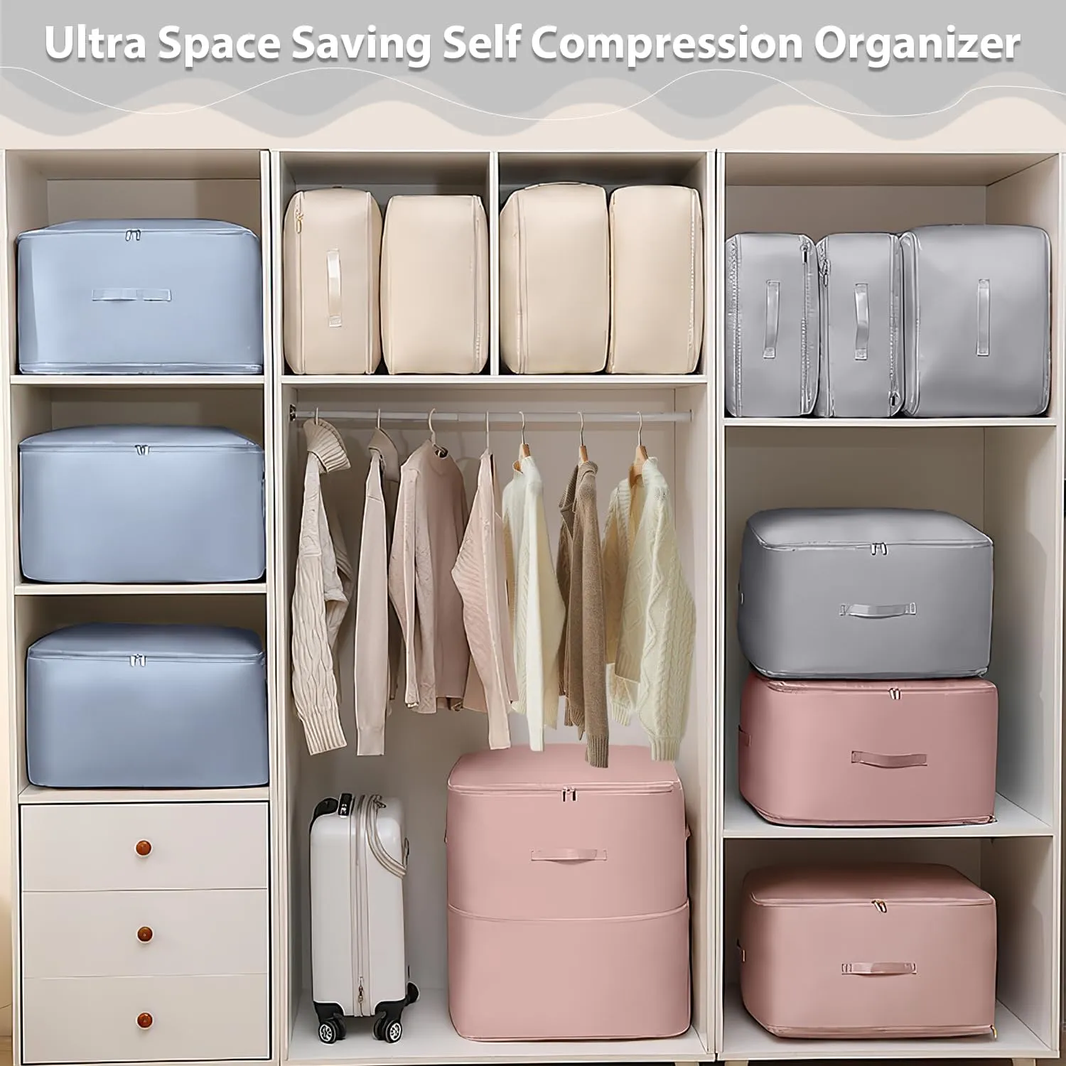 Ultra Space Saving Self Compression Organizer,Storage Bags,Heavy Duty Moving Bags,Storage Tote for Space Saving, Self Compression Moving Organizer Bags for Comforters,Clothes (Blue, XL (54*42*60CM)