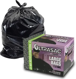 Ultrasac 33 Gallon Trash Bags - (Huge 100 Pack/w Ties) - 39" x 33" Heavy Duty Large Professional Quality Black Garbage Bags - Extra Strong Plastic Trashbags for Home, Kitchen, Lawn, and Other