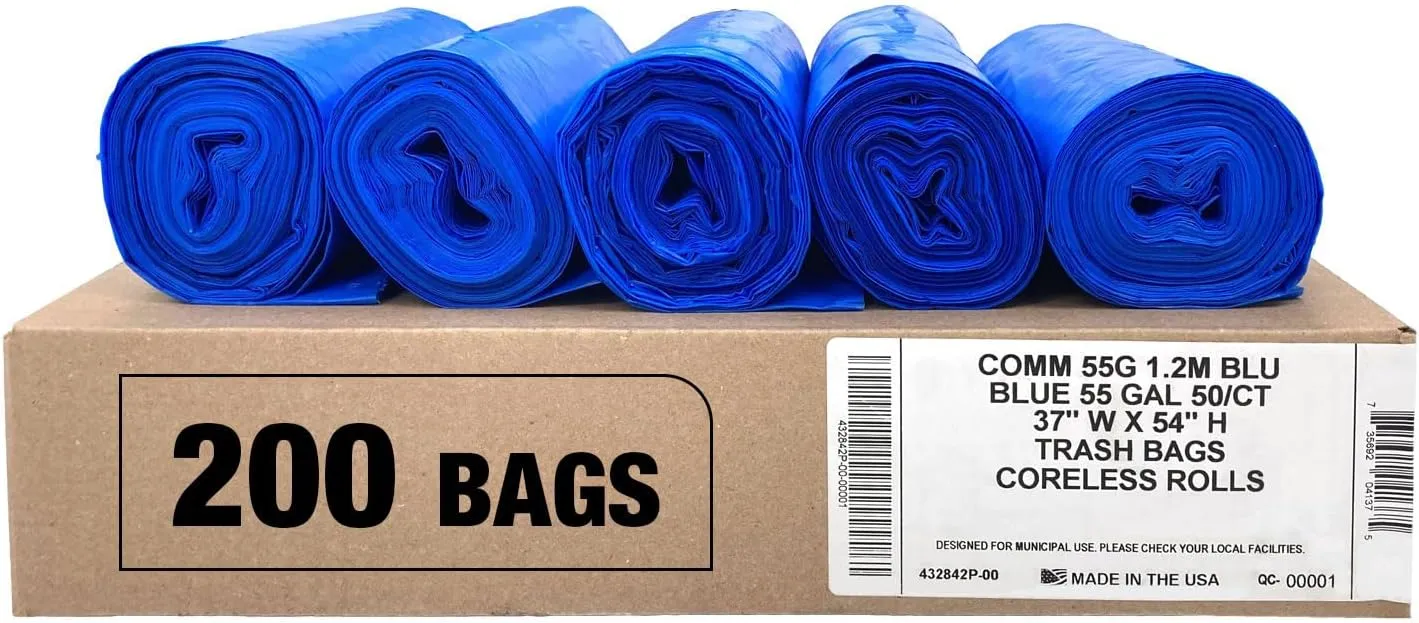 Ultrasac Heavy Duty 55 Gallon Blue Trash Bags - (Value 200 Pack) - 1.5 MIL equivalent Industrial Strength Plastic 37" x 54" for 50-55 Gal Cans -Fits Toter, Rubbermaid Brute, Carlislie Bronco etc.
