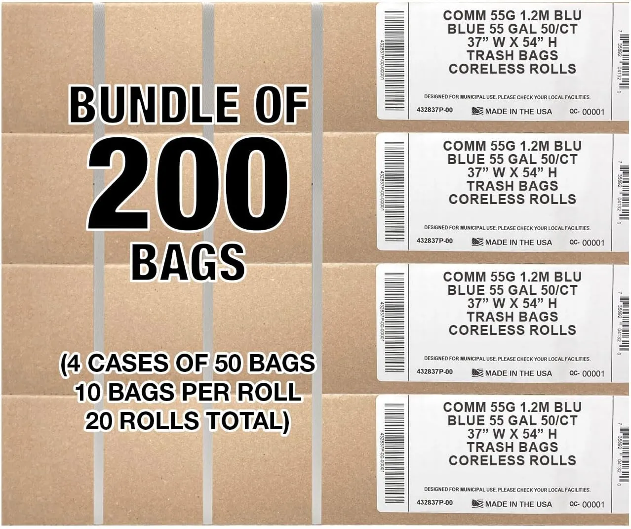 Ultrasac Heavy Duty 55 Gallon Blue Trash Bags - (Value 200 Pack) - 1.5 MIL equivalent Industrial Strength Plastic 37" x 54" for 50-55 Gal Cans -Fits Toter, Rubbermaid Brute, Carlislie Bronco etc.