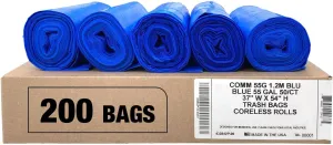 Ultrasac Heavy Duty 55 Gallon Blue Trash Bags - (Value 200 Pack) - 1.5 MIL equivalent Industrial Strength Plastic 37" x 54" for 50-55 Gal Cans -Fits Toter, Rubbermaid Brute, Carlislie Bronco etc.