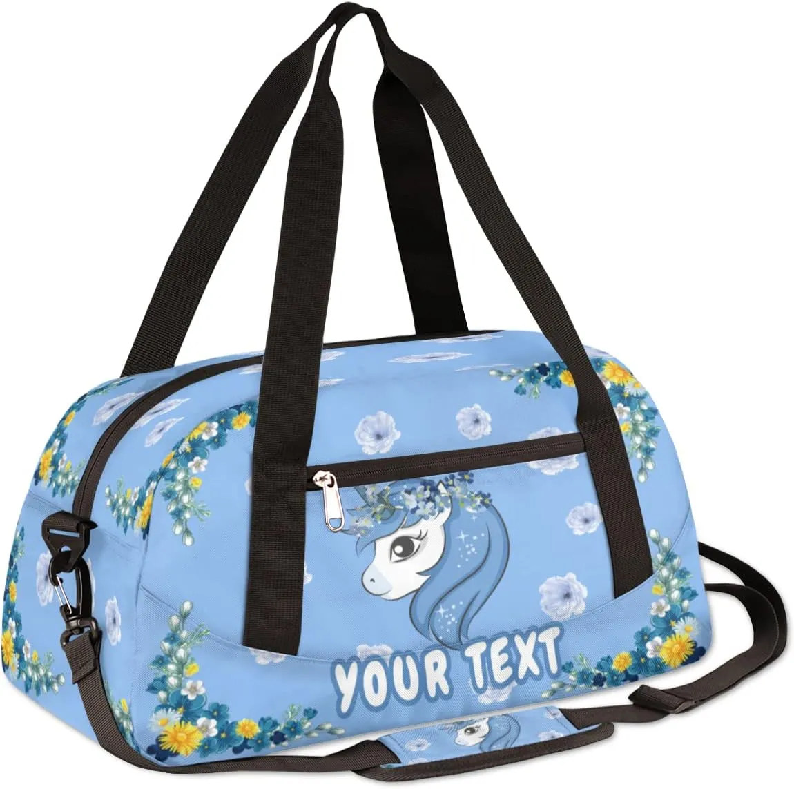 Unicorn Flowers Personalized Kids Duffel Bag for Girls, Flowering bushes Customized Dance Bag Overnight Small Duffel Bag Carry On Weekend Sports Gym Travel Bag for School Practice Gymnastics Ballet