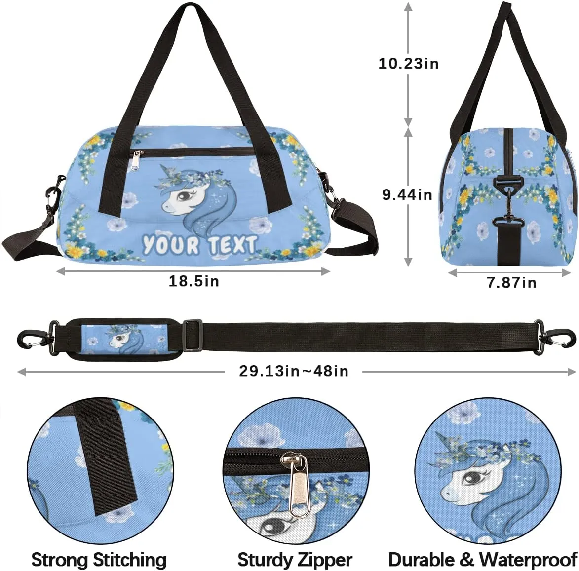 Unicorn Flowers Personalized Kids Duffel Bag for Girls, Flowering bushes Customized Dance Bag Overnight Small Duffel Bag Carry On Weekend Sports Gym Travel Bag for School Practice Gymnastics Ballet