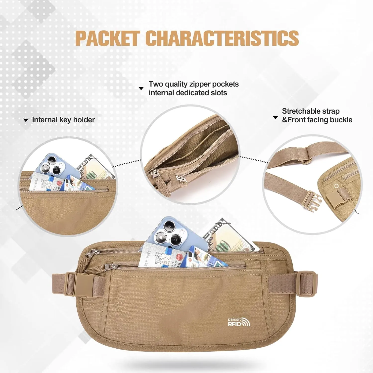 Unisex Money Belt with RFID Blocking Sleeves, Slim Passport Holder RFID Blocking Travel Essentials, Waist Pouch to Protect Cash, Beige & 6 Sleeves