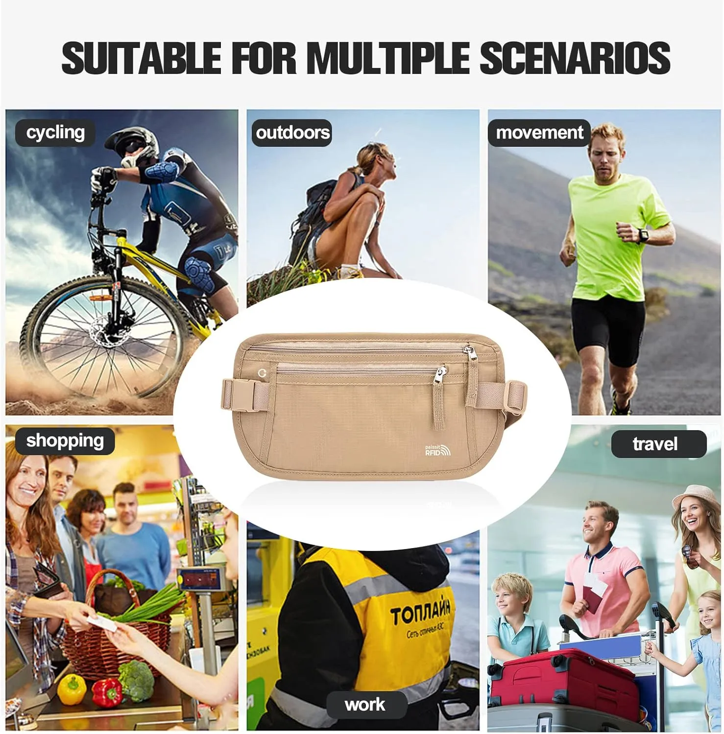 Unisex Money Belt with RFID Blocking Sleeves, Slim Passport Holder RFID Blocking Travel Essentials, Waist Pouch to Protect Cash, Beige & 6 Sleeves