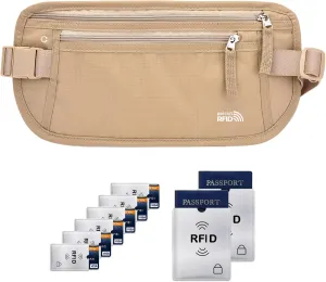 Unisex Money Belt with RFID Blocking Sleeves, Slim Passport Holder RFID Blocking Travel Essentials, Waist Pouch to Protect Cash, Beige & 6 Sleeves