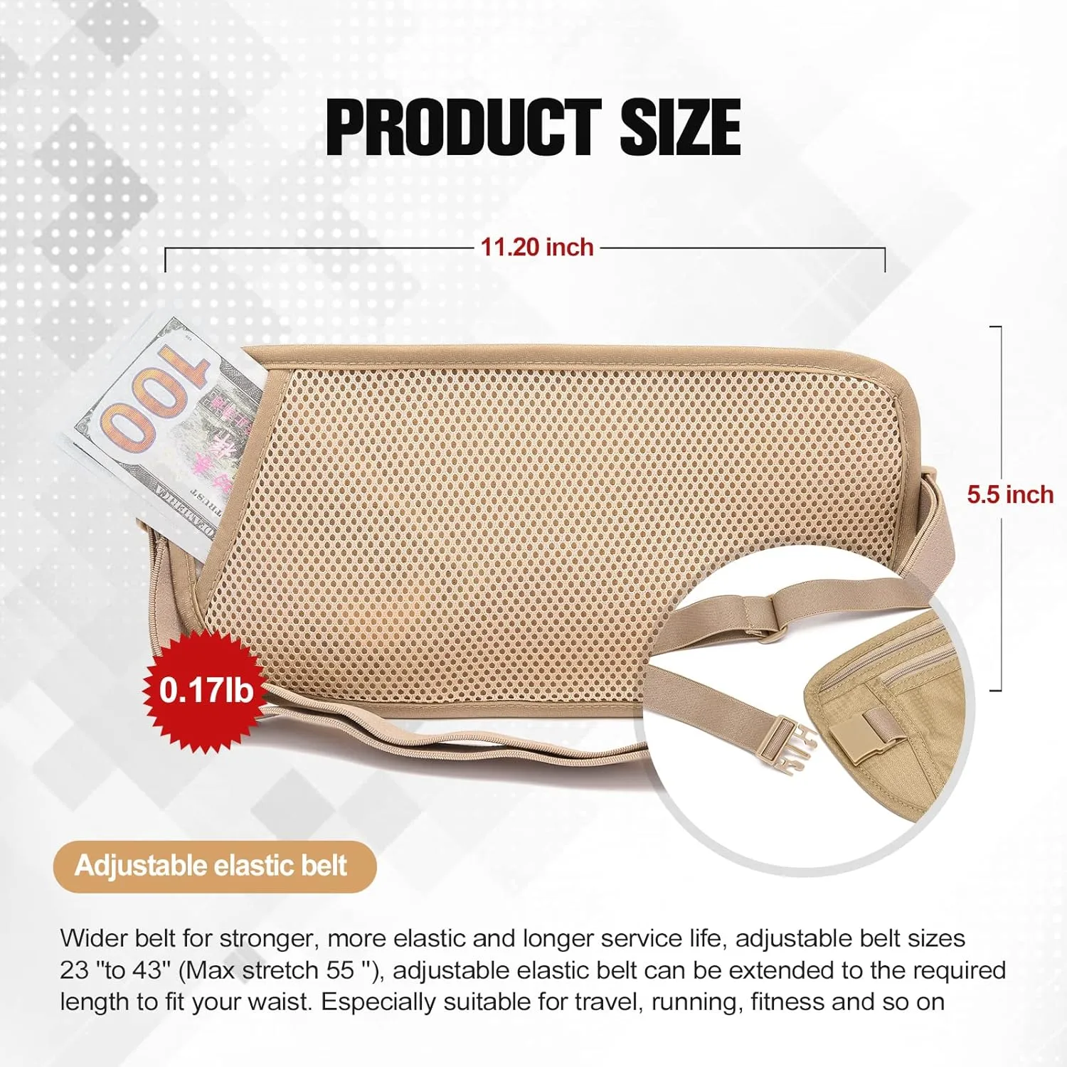 Unisex Money Belt with RFID Blocking Sleeves, Slim Passport Holder RFID Blocking Travel Essentials, Waist Pouch to Protect Cash, Beige & 6 Sleeves