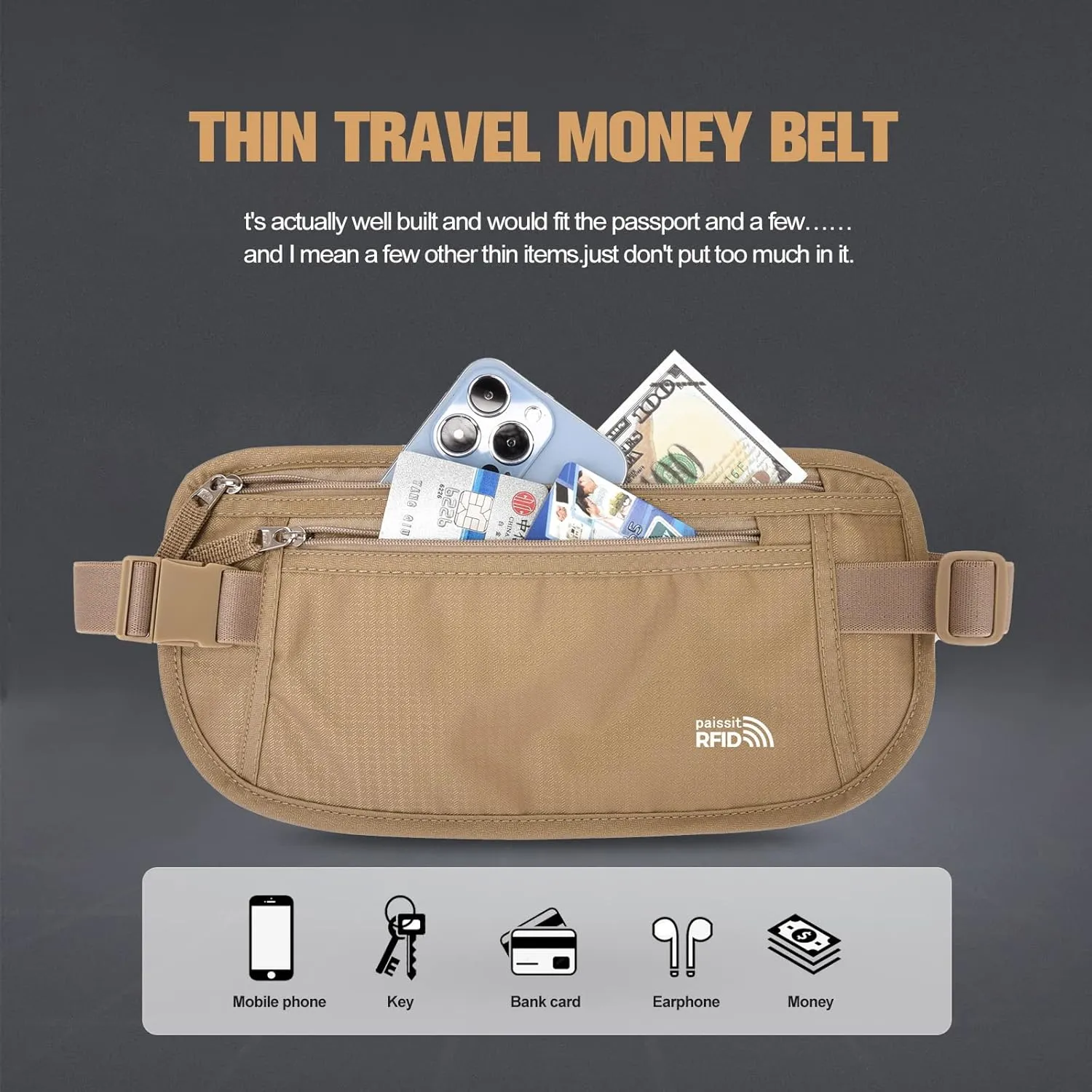 Unisex Money Belt with RFID Blocking Sleeves, Slim Passport Holder RFID Blocking Travel Essentials, Waist Pouch to Protect Cash, Beige & 6 Sleeves