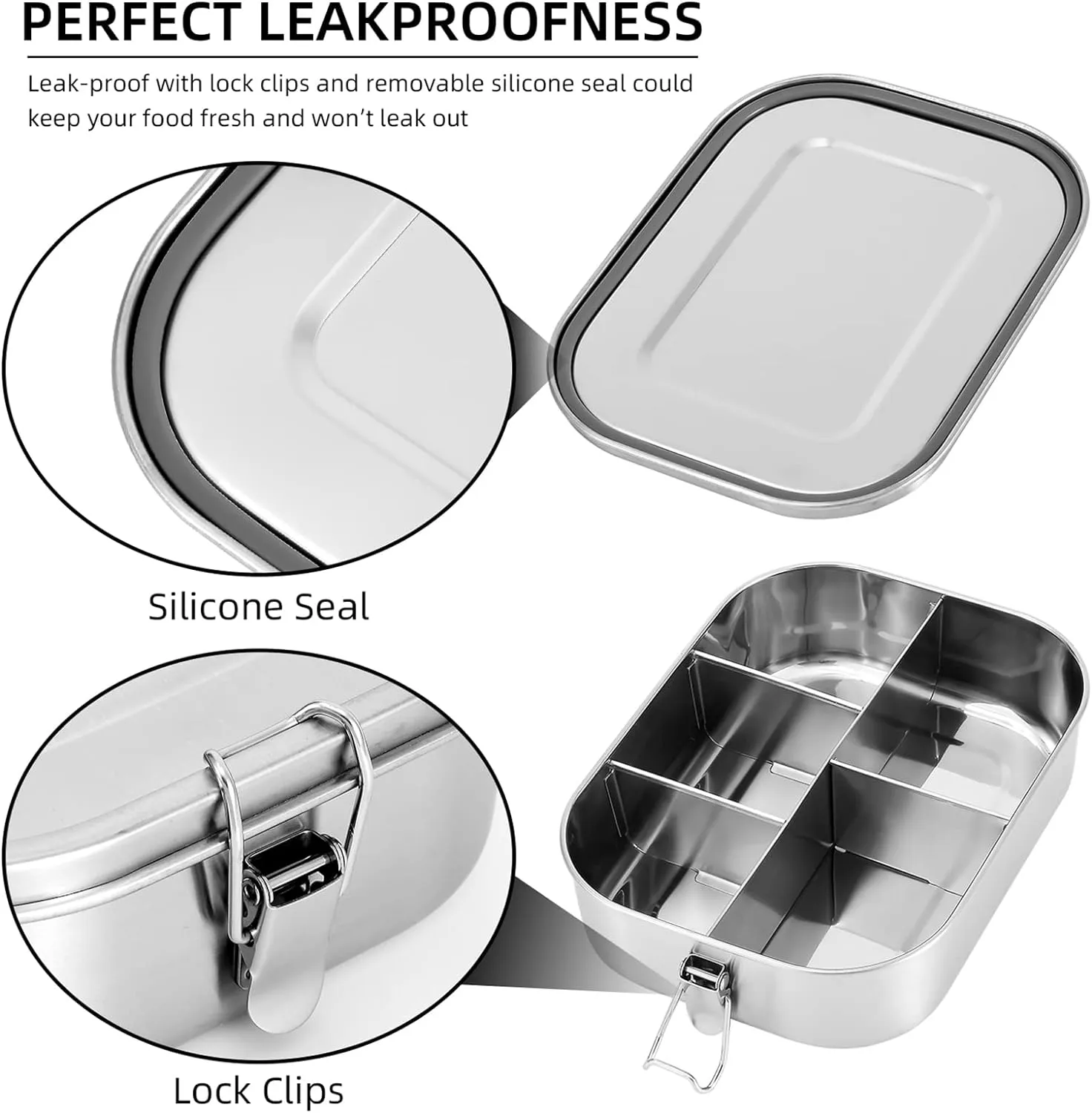 UPTRUST Stainless Steel Bento Lunch Food Box Container, 5-Compartment Large 1400ML Metal Bento Lunch Box Container for Kids or Adults with Lockable Clips to Leak Proof