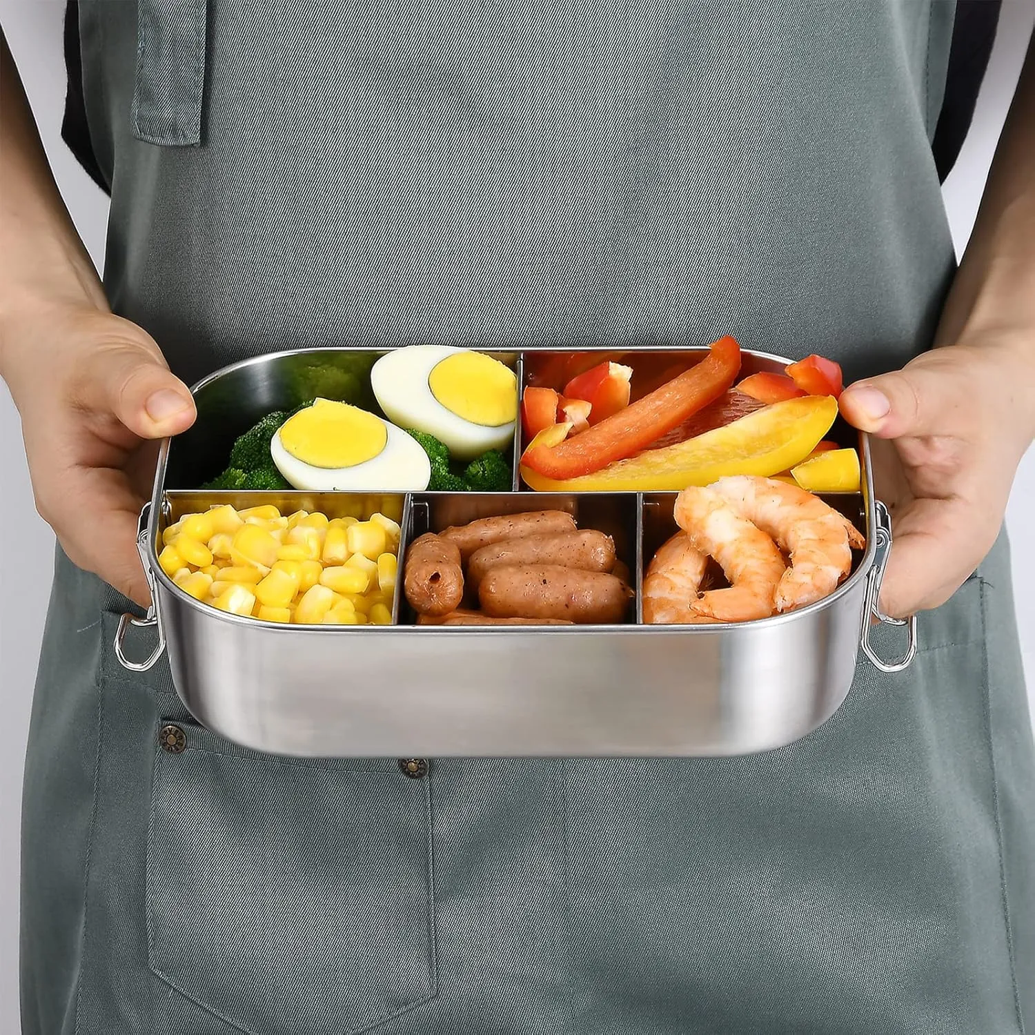 UPTRUST Stainless Steel Bento Lunch Food Box Container, 5-Compartment Large 1400ML Metal Bento Lunch Box Container for Kids or Adults with Lockable Clips to Leak Proof