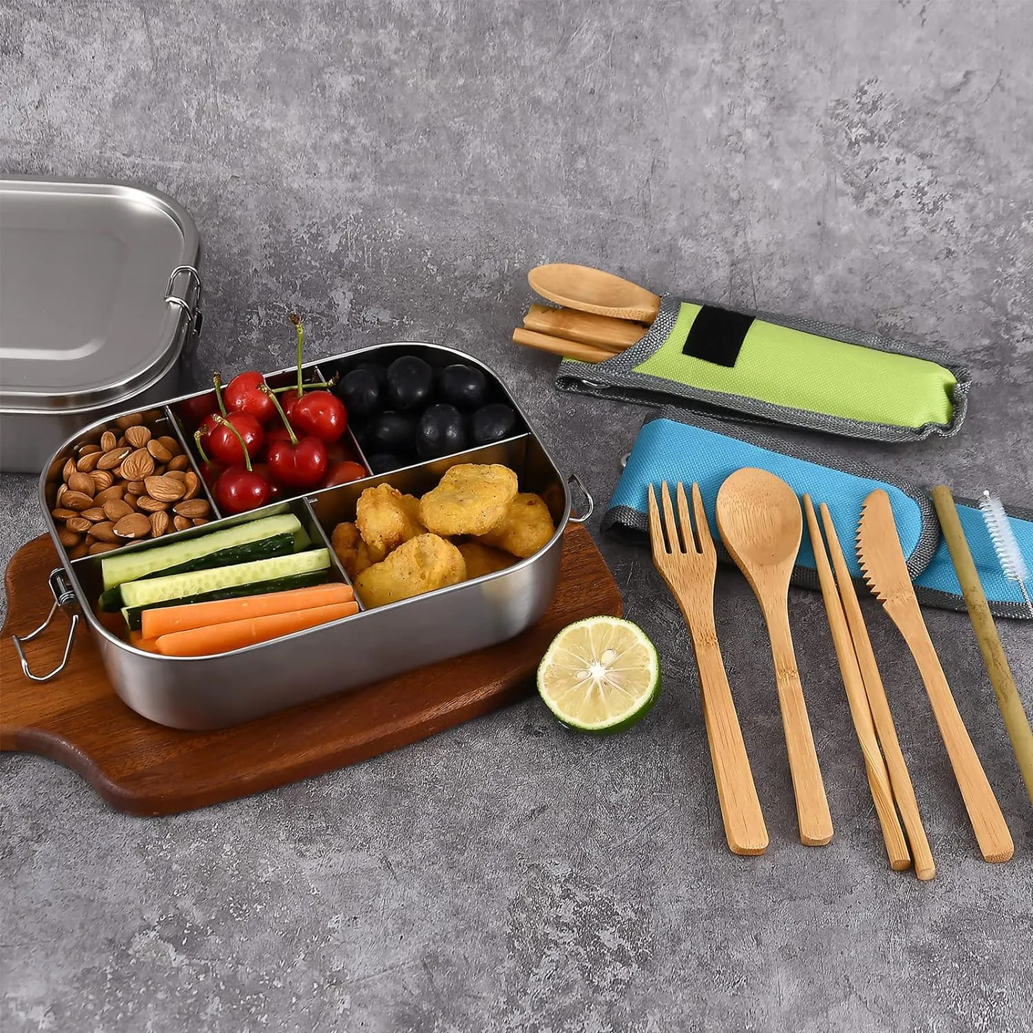 UPTRUST Stainless Steel Bento Lunch Food Box Container, 5-Compartment Large 1400ML Metal Bento Lunch Box Container for Kids or Adults with Lockable Clips to Leak Proof