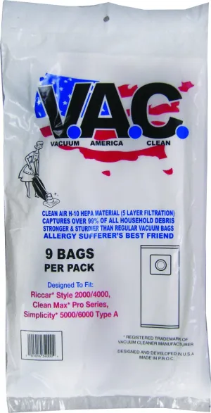 VAC 27 RICCAR Style 2000/4000, Clean Max Pro Series, Simplicity 5000/6000 Type A H-10 HEPA Filtration (Pack of 9)