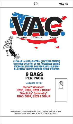 Vac 49 Riccar Vibrance R20D, R20P, R20S & R20 UP, Simplicity R20D, S20P, S20S & S20UP H-10 HEPA Filtration Vacuum Bags (Pack of 9)