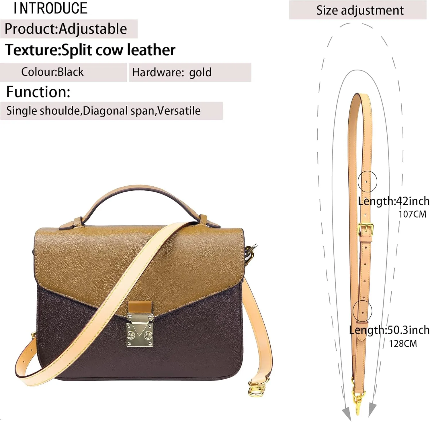 Vachetta Leather Adjustable Crossbody Strap for Women's Crossbody Handbags