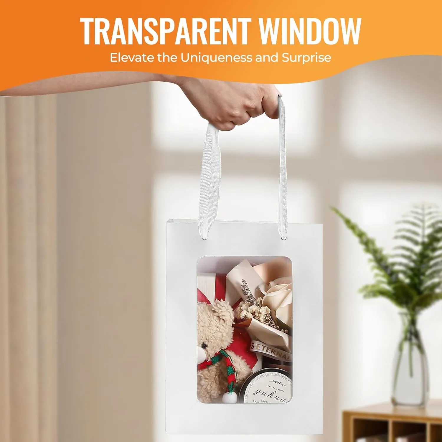 VAGREEZ 30-Pack Kraft Paper Gift Bags with Clear Window & Reinforced Handles 7.9"x5.9"x3.9" - Reusable Treat Bags for Purim, Bakery Cookies, Wedding Favors, Small Business (White)