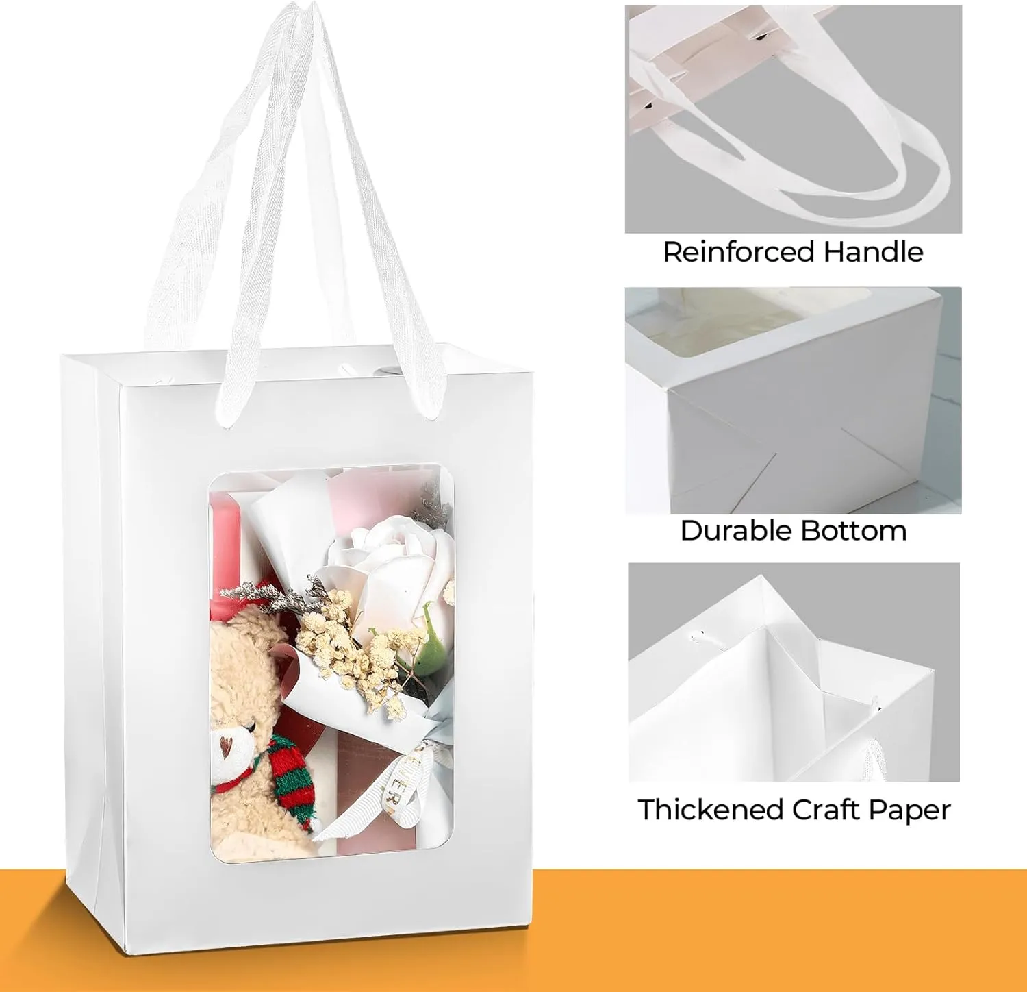 VAGREEZ 30-Pack Kraft Paper Gift Bags with Clear Window & Reinforced Handles 7.9"x5.9"x3.9" - Reusable Treat Bags for Purim, Bakery Cookies, Wedding Favors, Small Business (White)