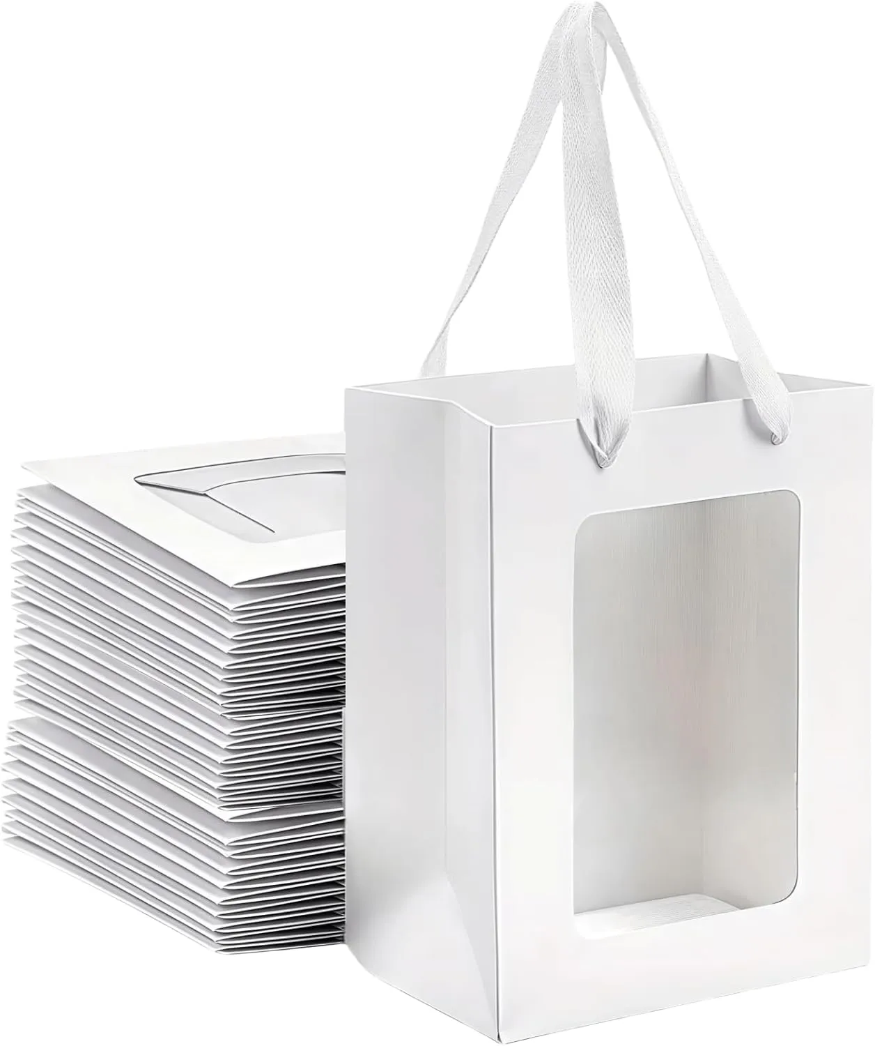 VAGREEZ 30-Pack Kraft Paper Gift Bags with Clear Window & Reinforced Handles 7.9"x5.9"x3.9" - Reusable Treat Bags for Purim, Bakery Cookies, Wedding Favors, Small Business (White)