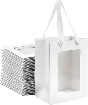 VAGREEZ 30-Pack Kraft Paper Gift Bags with Clear Window & Reinforced Handles 7.9"x5.9"x3.9" - Reusable Treat Bags for Purim, Bakery Cookies, Wedding Favors, Small Business (White)