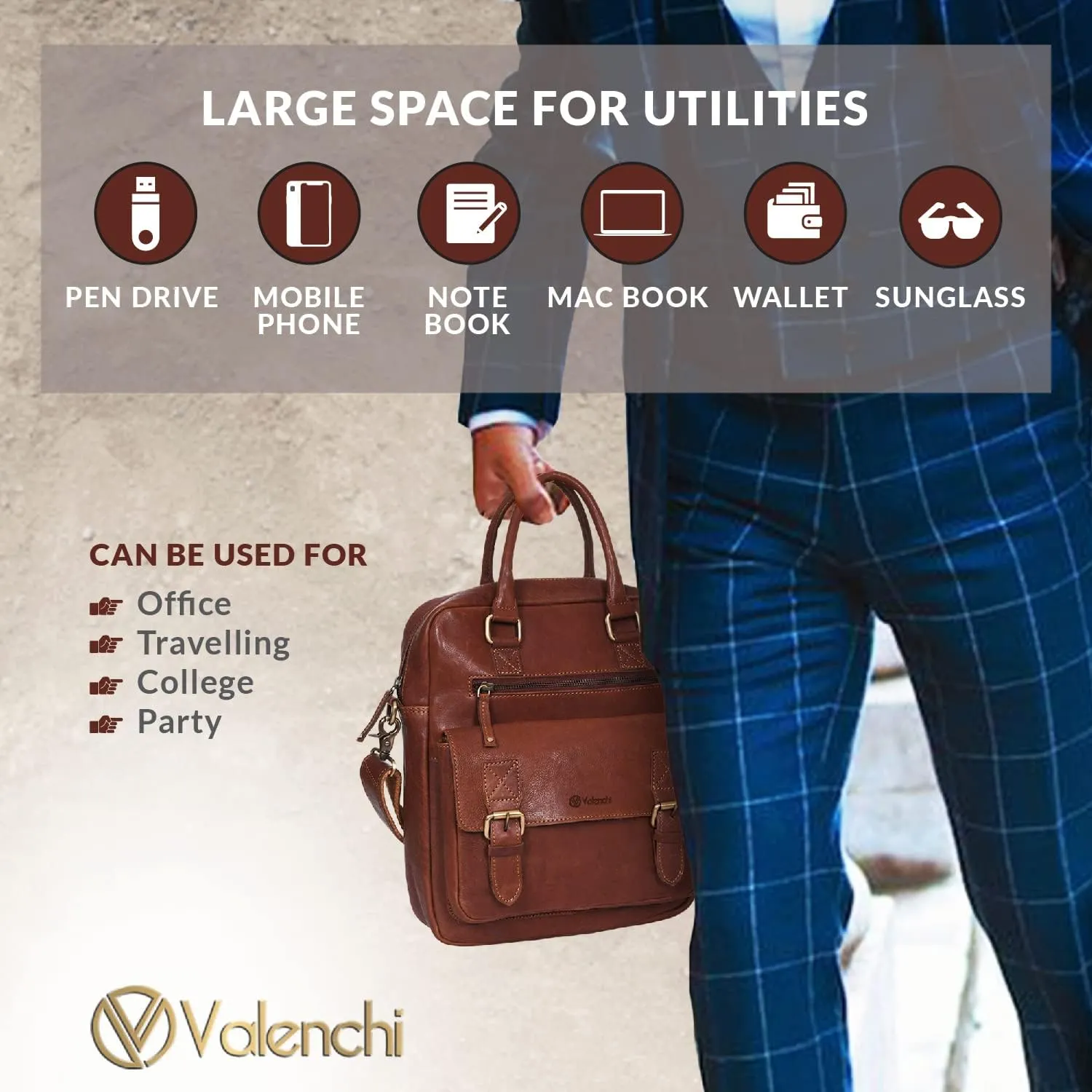 VALENCHI Leather Messenger Bag For Men - Laptop Messenger Briefcase & Shoulder Bag-Office, Work, Travel