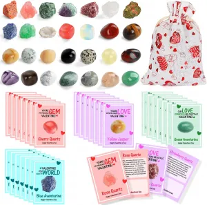 Valentines Day Cards for Kids, 28 Sets Valentines Day Cards Natural Gemstone Crystals Rocks Minerals Bulk, Valentine Exchange Card for Kids Girls Boys School Class Classroom Cards Party Favors