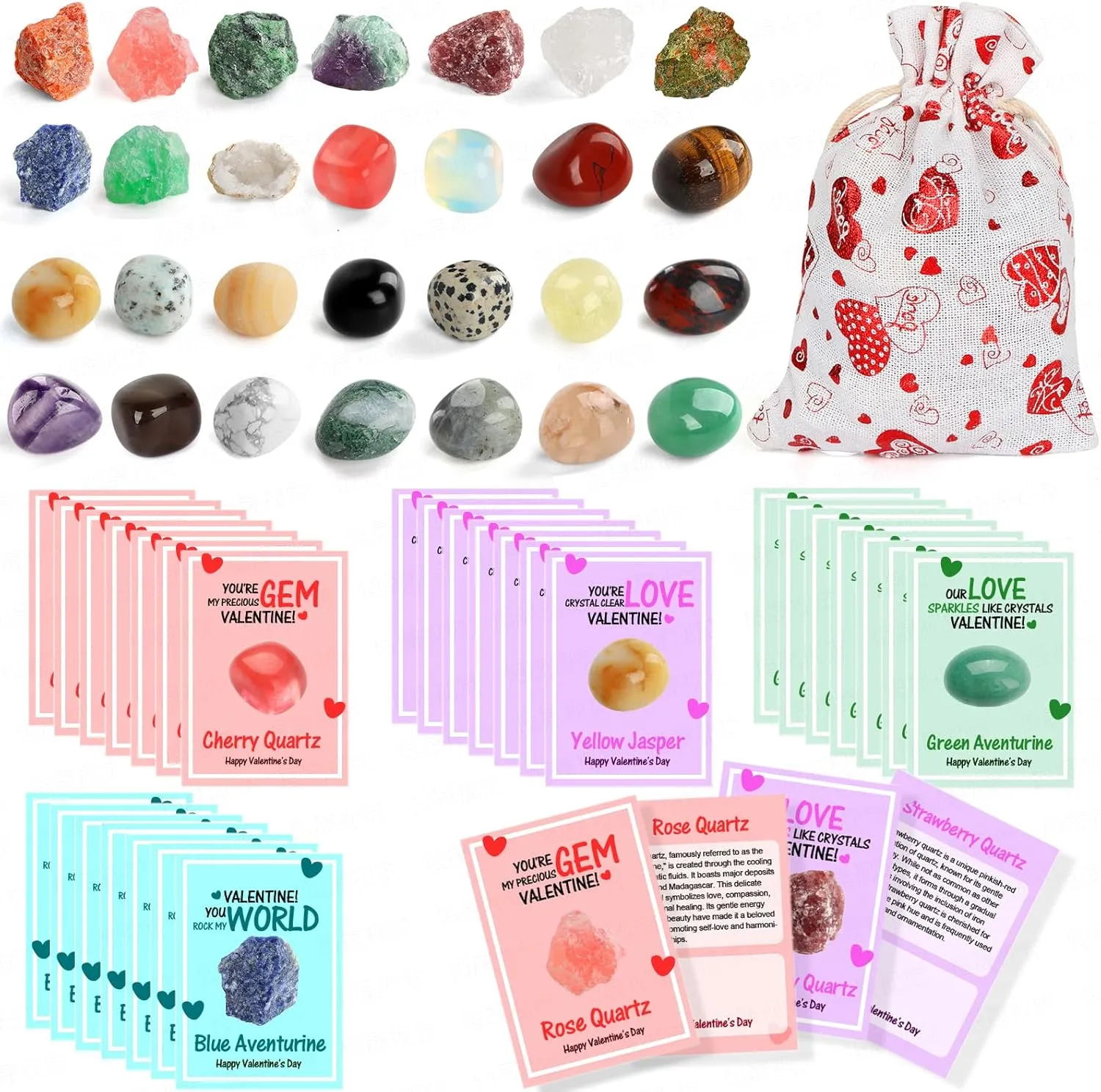 Valentines Day Cards for Kids, 28 Sets Valentines Day Cards Natural Gemstone Crystals Rocks Minerals Bulk, Valentine Exchange Card for Kids Girls Boys School Class Classroom Cards Party Favors