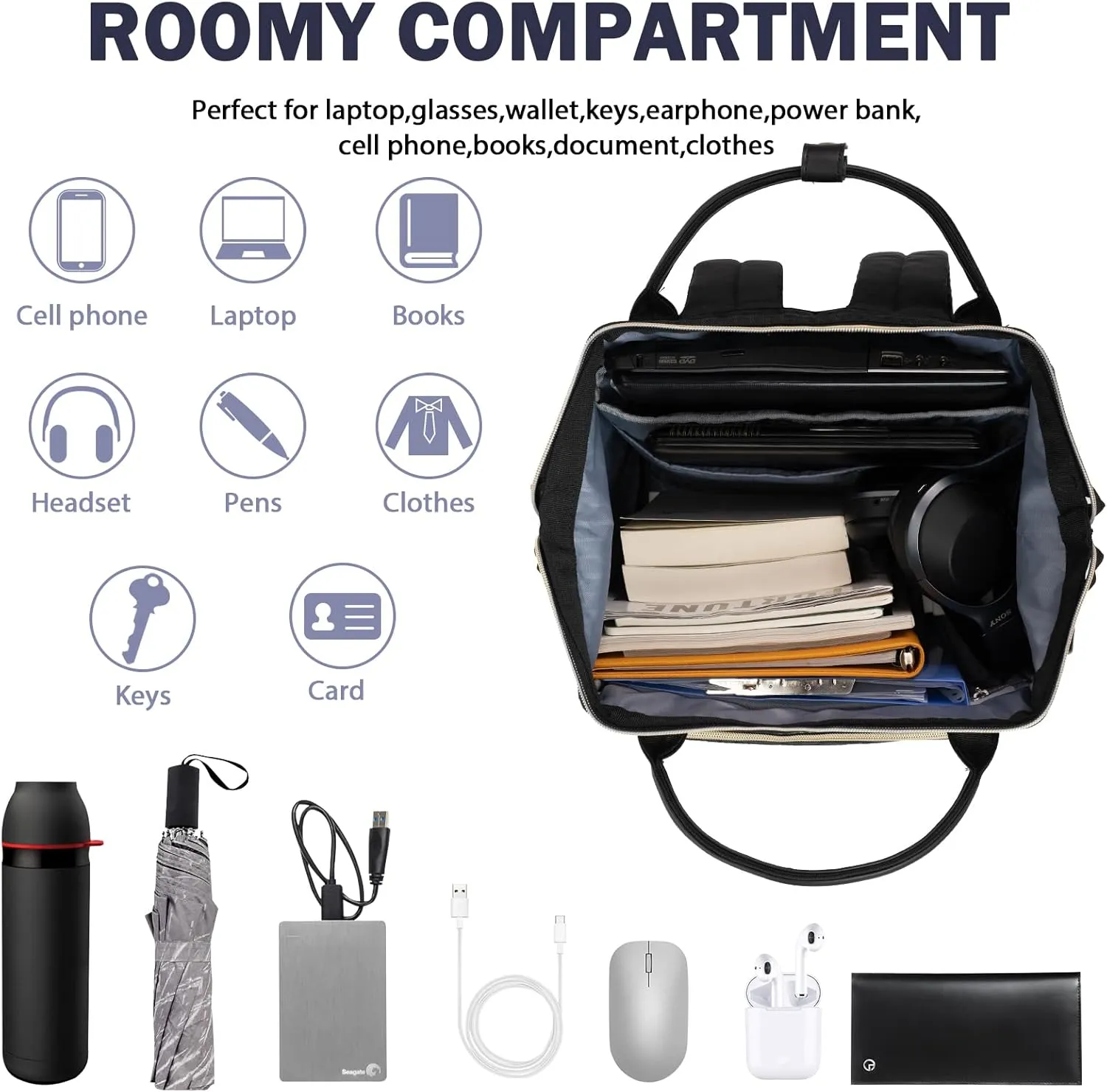 VANKEAN 17 Inch Laptop Backpack for Women Men Fashion Computer Work Bag, Large Capacity Waterproof Backpack with USB Port & RFID Pockets, College Daypack Business Travel, Black