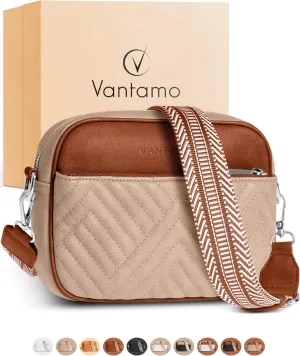 Vantamo Crossbody Bags For Women with 29.5"-55" Jacquard Adjustable Strap, Extra Safe Purses for Women, RFID & Anti-Pickpocket Clip, Smooth PU Leather Shoulder Bag with Gift Box, Stone Brown Purse