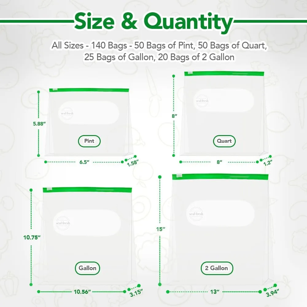 Variety Slider Storage Bags (145 Count) with Expandable Bottom, BPA Free, Microwave Safe – Pint (50 Count), Quart (50 Count), Gallon (25 Count), 2 Gallon (20 Count)