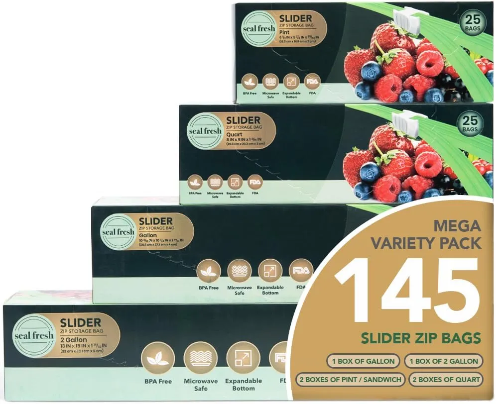 Variety Slider Storage Bags (145 Count) with Expandable Bottom, BPA Free, Microwave Safe – Pint (50 Count), Quart (50 Count), Gallon (25 Count), 2 Gallon (20 Count)